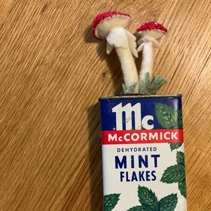 Handmade felt mushrooms in vintage McCormick tin